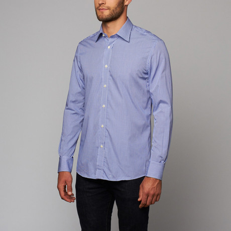 Alâra // Micro Gingham Poplin Shirt // Rich Blue Contemporary Collar (15.5 (34-35))
