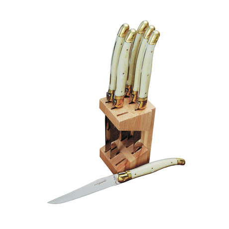 Ivory Handled Steak Knives + Wooden Block // Set of 6