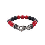 Stainless Steel Skull Beaded Bracelet // Black + Red + Silver