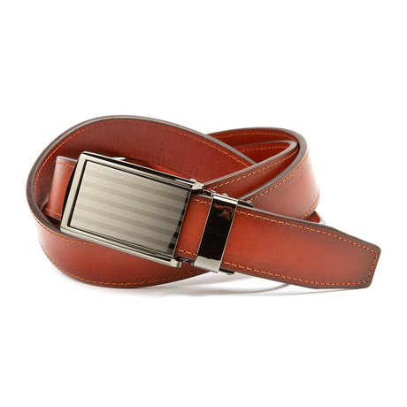 Full Grain Leather Belt // Cognac + Bar Stripe Buckle