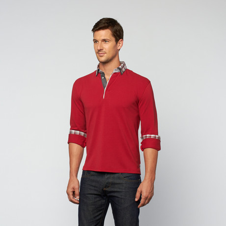 Maceoo // Long Sleeve Polo // Red + Grey (XS)