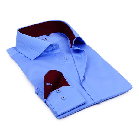 Levinas // Split Collar Trim Button Up // Royal Blue + Burgundy (S)