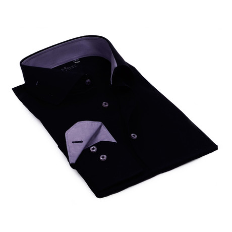 Split Collar Trim Button Up // Black + Grey (S)