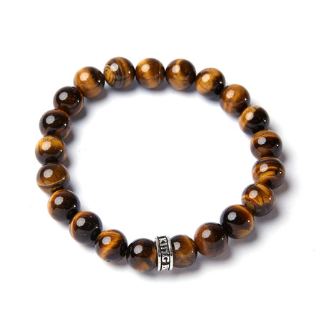 10mm Brown Tiger Eye + Logo Ring Bracelet