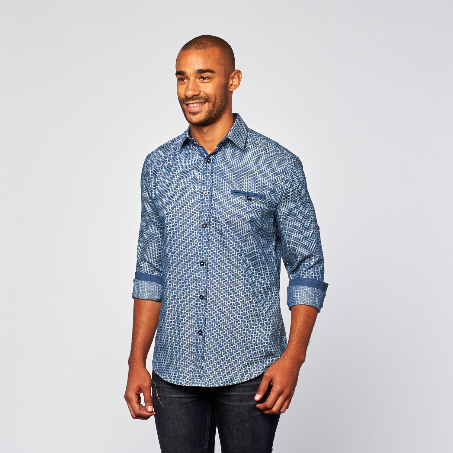 Denim Contrast Cuff Shirt // Navy (L) - Isaac b. - Touch of Modern