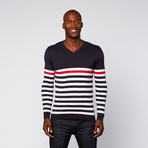 Nautical V-Neck Sweater // Navy + White + Red (L)