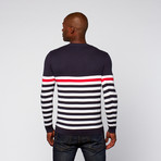 Nautical V-Neck Sweater // Navy + White + Red (L)