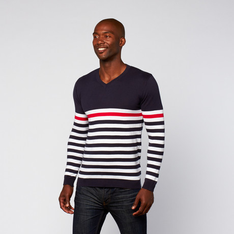 Nautical V-Neck Sweater // Navy + White + Red (XS)