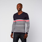 Nautical V-Neck Sweater // Navy + White + Red (L)