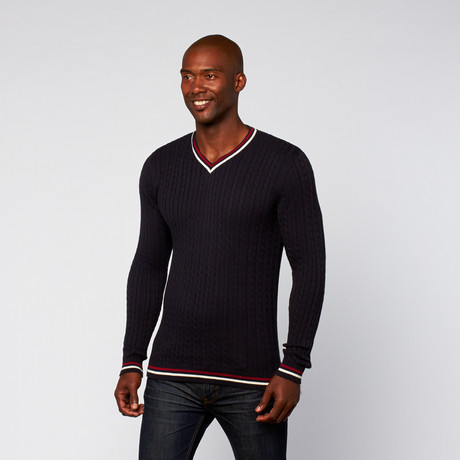 Cable Knit Sweater // Navy + Red (XS)