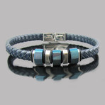 Leather Stainless Steel Lazer Stripe Bead Bracelet (Blue)