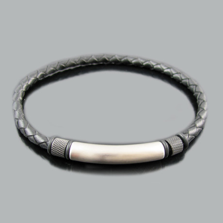 Leather + Stainless Steel Slim ID Bracelet (Black + Stainless Steel)