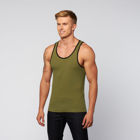 PowerFit Rib Ringer Workout Tank // Olive + Black (S)