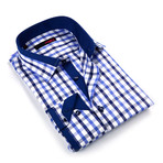 Button Up Dress Shirt // Sky Blue + Navy Check (L)