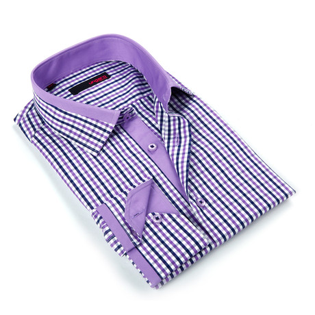 Button Up Dress Shirt // Lavender + Navy Thin Plaid (S)