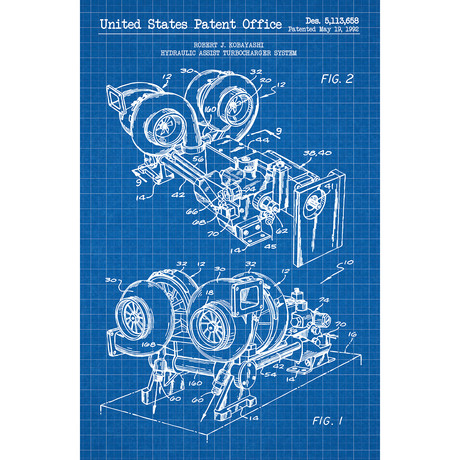Hydraulic Assist Turbocharger System // Robert J. Kobayashi // 1992 (Blue Grid // White Ink)