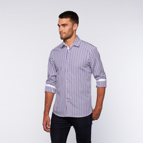 Ungaro // Button Up Dress Shirt // Navy + Purple Stripe (S)