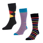 HJ Hall // Argyle + Stripe Socks // Black + Petrol // Pack of 3