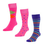 HJ Hall // Argyle, Spot + Stripe Socks // Fuchsia // Pack of 3