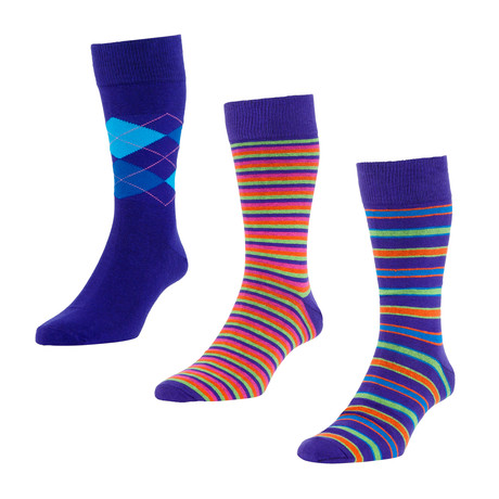 HJ Hall // Argyle + Stripe Socks // Purple // Pack of 3