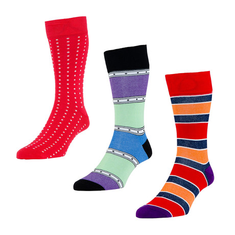 HJ Hall // Vancouver Spot + Stripe Socks // Scarlet // Pack of 3