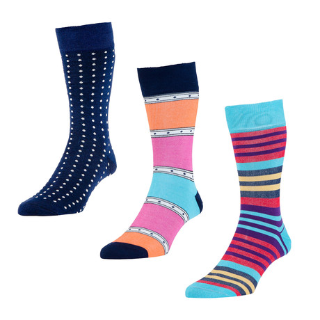 HJ Hall // Vancouver Spot + Stripe Socks // Navy // Pack of 3