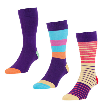 HJ Hall // Stripe + Contrast Socks // Crocus // Pack of 3