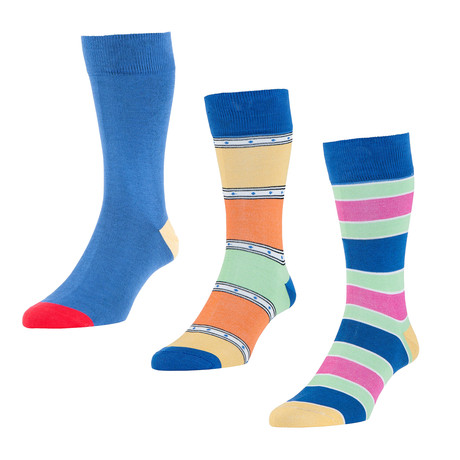 HJ Hall // Stripe + Contrast Socks // Royal // Pack of 3