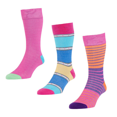 HJ Hall // Stripe + Contrast Socks // Fuchsia // Pack of 3