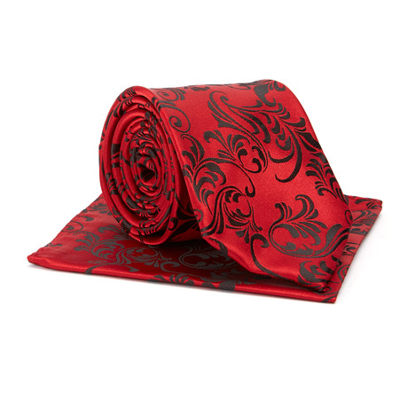 Tie + Hanky Set // Red + Black Script Leaf