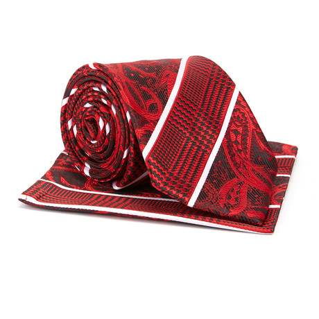 Tie + Hanky Set // Red + Black Paisley Block Stripe