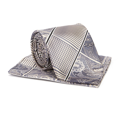 Tie + Hanky Set // Taupe + Silver Paisley Block Stripe