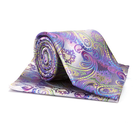Tie + Hanky Set // Silver + Purple Chromatic Paisley