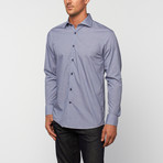 George Rech // UNANYME Button Up Dress Shirt // Blue Microcheck with Contrast Buttons (L)