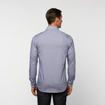 George Rech // UNANYME Button Up Dress Shirt // Blue Microcheck with Contrast Buttons (L)