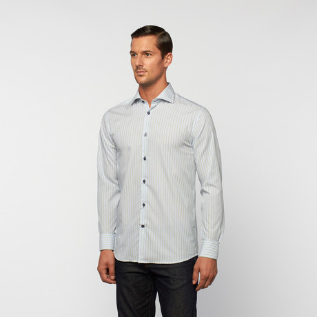 UNANYME Button Up Dress Shirt // Green + Blue Stripe (S)