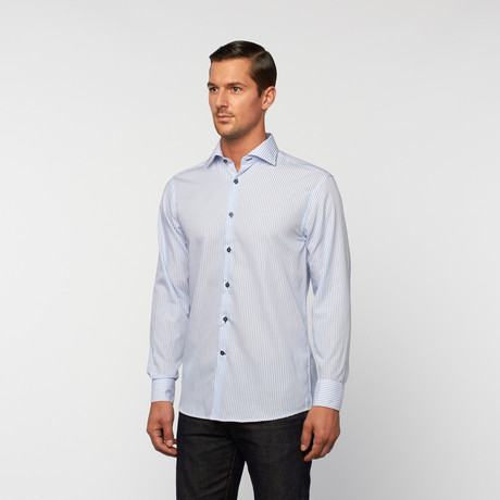 UNANYME Button Up Dress Shirt // Light Blue Stripe with Contrast Buttons (S)
