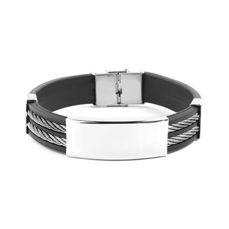 Hematite Stainless Steel Cable Inlay Rubber ID Bracelet