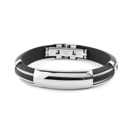 Stainless Steel Cable Inlay Curved Rubber ID Bracelet