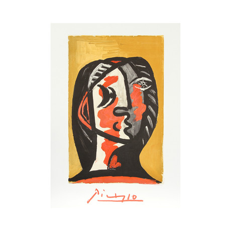 Tete de Femme en Gris et Rouge sur Fond Ochre