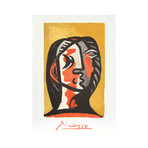 Tete de Femme en Gris et Rouge sur Fond Ochre