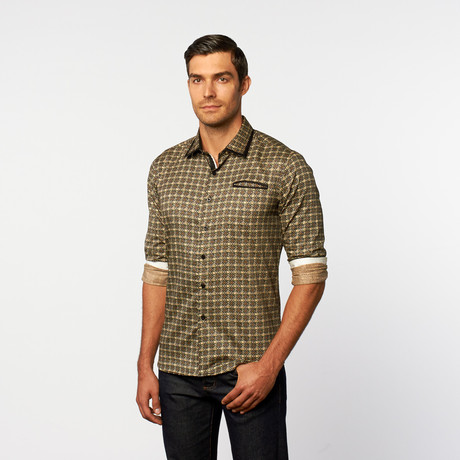 Button-Up Shirt // Tan + Green Grid (S)