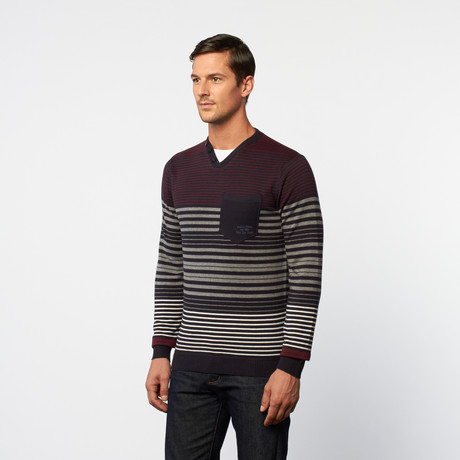 Side-Button V-Neck Henley Sweater // Navy + Plum Stripe (S)