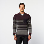 Side-Button V-Neck Henley Sweater // Navy + Plum Stripe (XL)