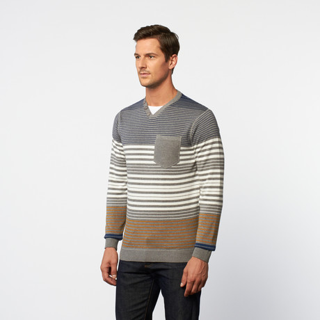 Side-Button V-Neck Henley Sweater // Grey + Cadet Stripe (S)
