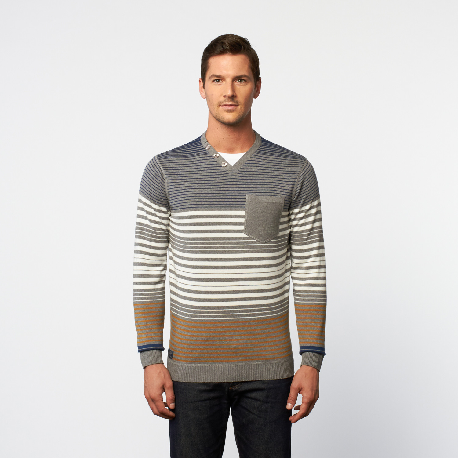 Side-Button V-Neck Henley Sweater // Grey + Cadet Stripe (S) - Point ...