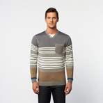 Side-Button V-Neck Henley Sweater // Grey + Cadet Stripe (2XL)