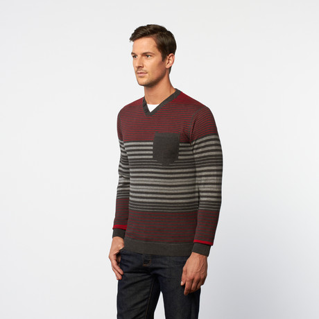 Side-Button V-Neck Henley Sweater // Charcoal + Flame Stripe (S)
