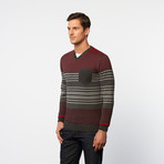 Side-Button V-Neck Henley Sweater // Charcoal + Flame Stripe (L)