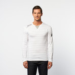 Long-Sleeve Henley // White + Grey Stripe (L)